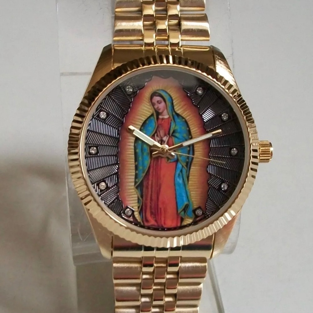 MIYKON GOLD FINISH VIRGIN MARY GUADALUPE RELIGIOUS FASHION MEN'S  WATCH